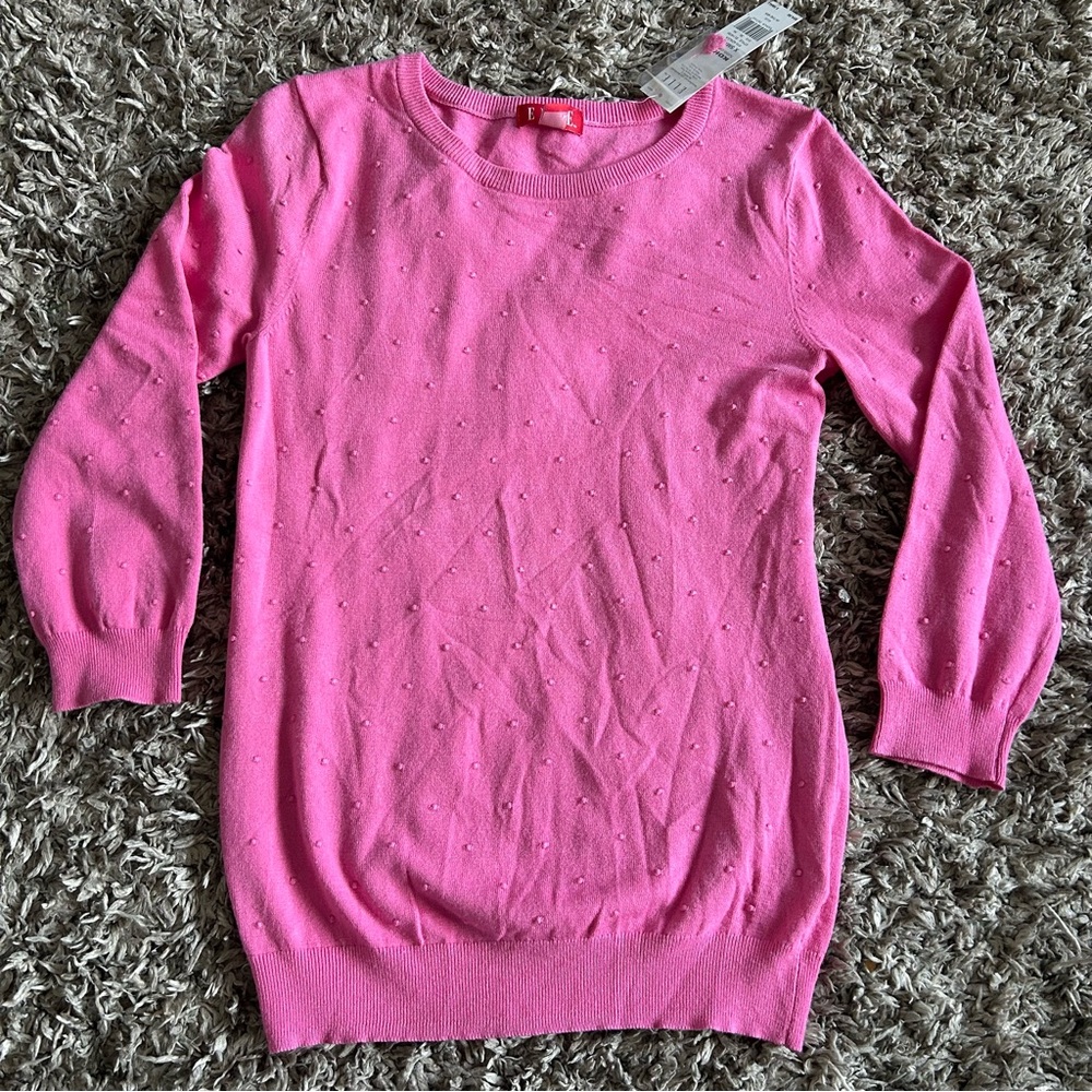 Elle Pink Lightweight Sweater 3/4 Sleeve Polka Dot Texture Women XS Valentine